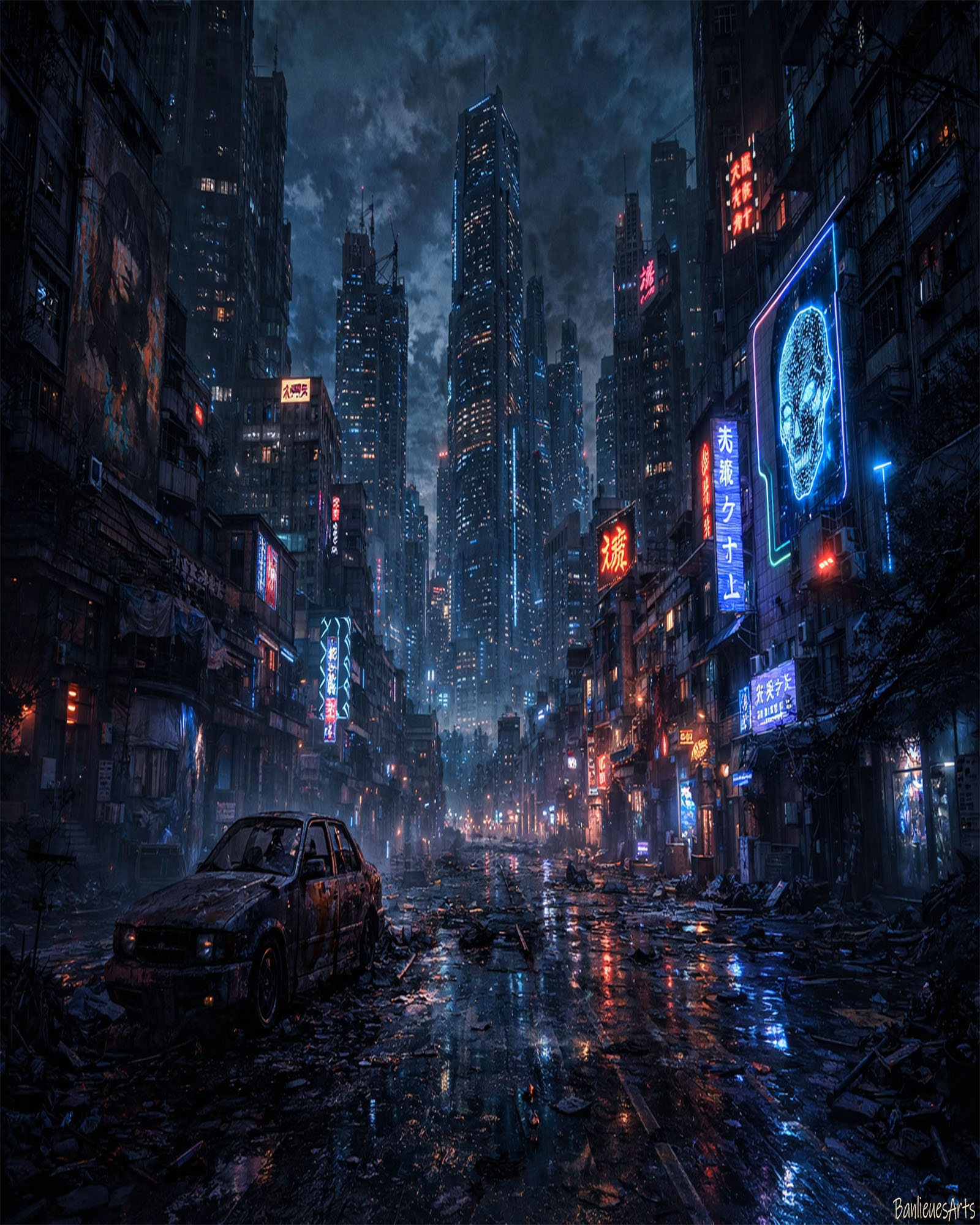 Ville futuriste sous néons froids — BanlieuesArts IA art