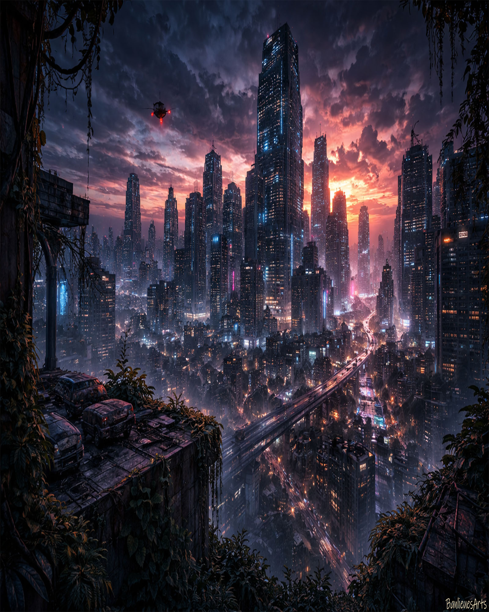 Skyline futuriste crépusculaire — BanlieuesArts IA art